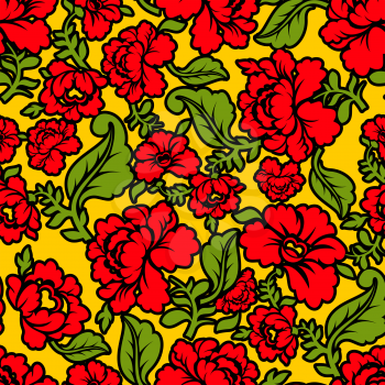 Khokhloma Russian national seamless pattern. Historic Cultural Decorative seamless design. Traditional Folk Ornament in Russia. Red flowers on gold yellow background. Patriotic Flower texture