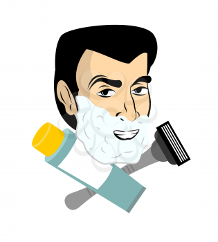 Man with shaving foam. razor and tube shaving gel. Guy shaves. Barbershop logo
