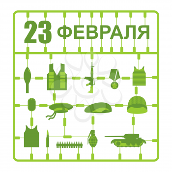 February 23. Plastic model kits. Military symbols: tank and weapons, helmet and beret. Gift for men. Army celebration in Russia. Defenders of Fatherland Day. Russian text: February 23
