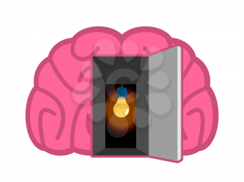 Brain with light bulb Open door. concept of mind illumination. Psychology illustration