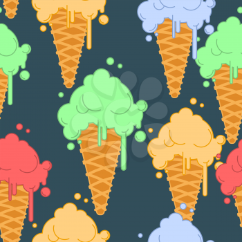 Ice cream in waffle cone seamless pattern. Cold dessert texture. Strawberry, pistachio and banana taste
