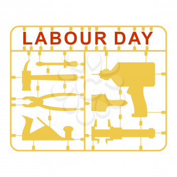 Labor Day is set of tools. Plastic kit with metalwork instrument. Drill and hammer. Screwdriver and brush. Slide caliper and plane