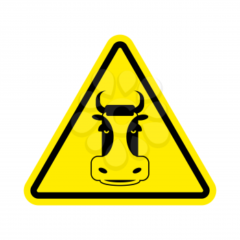 Warning Cow. beef on yellow triangle. Road sign attention to farm animal

