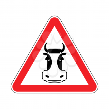 Warning Cow. beef on red triangle. Road sign attention to farm animal
