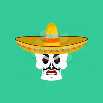 Skull in sombrero angry Emoji. Mexican skeleton for traditional feast day of the dead.