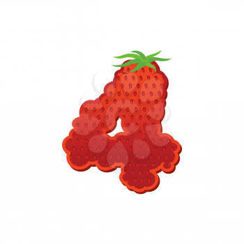 Number 4 Strawberry font. Red Berry lettering four alphabet. Fruits ABC
