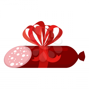 Salami gift with red bow. Sausage on white background. Smoked Delicatessen Meat
