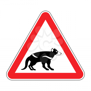 Attention Tasmanian devil. Danger is wild beast. Red prohibitory road sign
