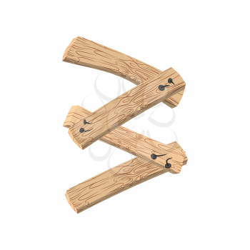 Number 3 wood board font. Three symbol plank and nails alphabet. Lettering of boards. Country chipboard ABC