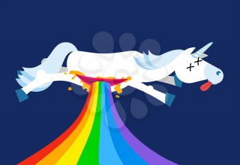Anatomy unicorn From belly Intestines fell rainbow. Dead  Fantastic animal with horn. Corpse is mythical beast