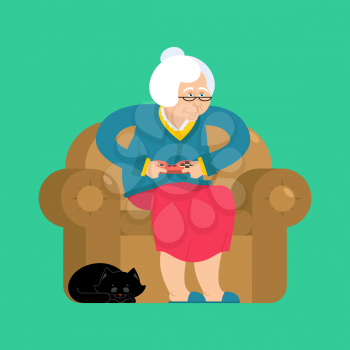Grandmother and joystick. granny play video games. old woman on an armchair with gamepad. Cat and elderly woman
