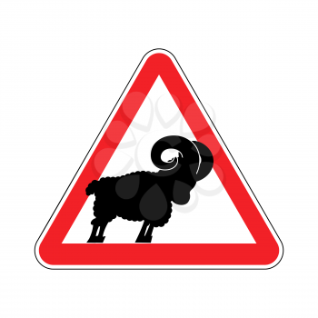 Attention ram. Caution farm animal Sheep. Red prohibitory road sign