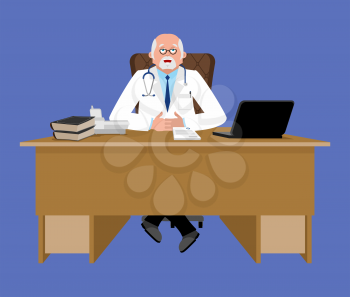 Chief doctor at desk. Medical Office. Physician working in his office. Vector illustration