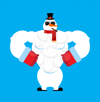Snowman strong. Snowman Serious Powerful. hard sport New Year and Christmas vector illustration