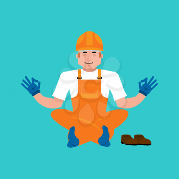 Builder yoga. Worker in protective helmet yogi. Service worker Serviceman relaxation and meditation. Vector illustration