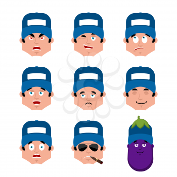 Plumber set emotion avatar. sad and angry face. guilty and sleeping avatar. fitter sleeping emoji face. Eggplant  Vector illustration