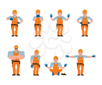 Builder set poses and motion. Worker in protective helmet happy and yoga. Serviceman sleeping and angry. Service worker guilty and sad. Vector illustration