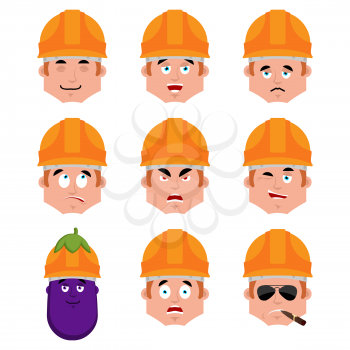 Builder set emotion avatar. sad and angry face. guilty and sleeping avatar. Worker in protective helmets sleeping emoji face. Eggplant Vector illustration