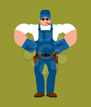 Plumber strong. Fitter Serious Powerful. Service worker Serviceman hard. Vector illustration
