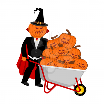 wheelbarrow Halloween. bunch of terrible pumpkins. Vintage pumpkin. Vector illustration
