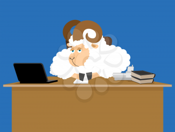 Ram boss. sheep businessman at desk. Farm office. Vector illustration.
