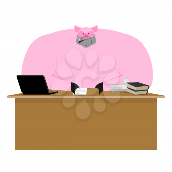Pig boss. Piglet businessman at desk. Farm office. Vector illustration
