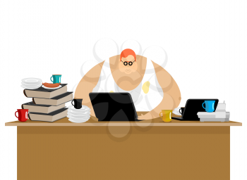 Freelancer at work. Clutter and computer. Remote job. Working home. Vector illustration
