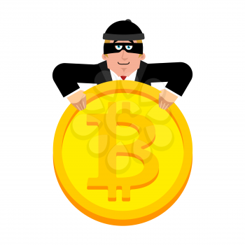 Hacker and bitcoin. Thief and crypto currency. Steal virtual money. Vector illustration
