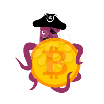 Octopus Web Pirate and bitcoin. Hacker. Thief and crypto currency. Steal virtual money. Vector illustration
