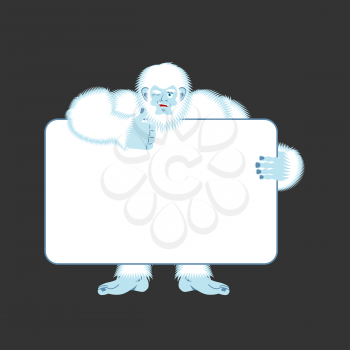 Yeti holding banner blank. Bigfoot and white blank. Abominable snowman joyful emotion. Big white monster and place for text. Vector illustration
