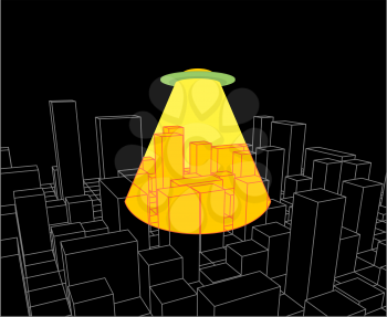 City and UFO. Abstract Skyline  and Space Invader. Industrial landscape and ALien. Vector illustration