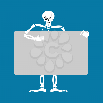 Skeleton holding banner blank. death and white blank. skull joyful emotion. place for text. Vector illustration
