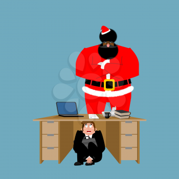 Businessman scared under table of angry Santa Claus. frightened business man under work board. To hide from Christmas. Boss fear office desk. Vector illustration