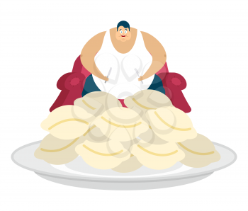 Fat guy is sitting on chair and dumplings. Glutton Thick man and food. fatso vector illustration