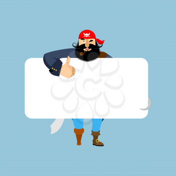 Pirate holding banner blank. filibuster and white blank. corsair joyful emotion. buccaneer and place for text. Vector illustration
