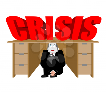 Businessman scared under table from crisis. frightened business man under work board. Vector illustration