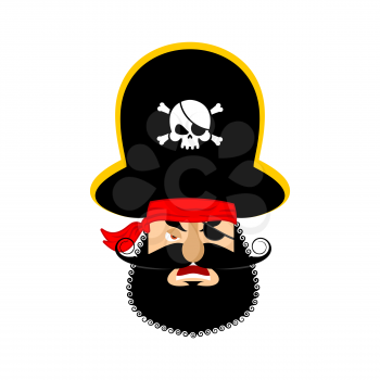 Pirate angry emoji head. Filibuster evil emotion face. Buccaneer aggressive avatar. Vector illustration
