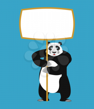 Panda holding banner blank. Chinese bear and white blank. Animal joyful emotion. Big beast and place for text. Vector illustration
