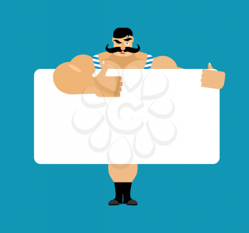 Retro strongman holding banner blank. Vintage athlete and white blank. big guy joyful emotion. ancient bodybuilder and place for text. Vector illustration
