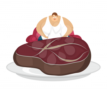 Fat guy is sitting on chair and steak. Glutton Thick man and piece of meat. fatso vector illustration