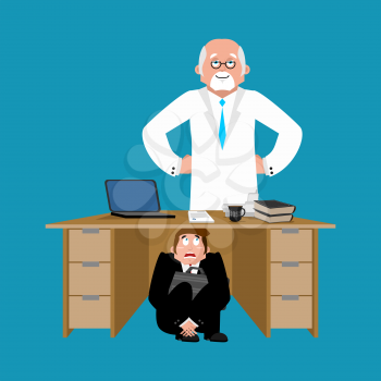 Businessman scared under table of doctor. To hide from treatment. frightened business man under work board. Refuses to take medicine. Boss fear office desk. Vector illustration