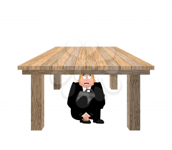 Businessman scared under table. frightened business man under work board. Boss fear office desk. Vector illustration