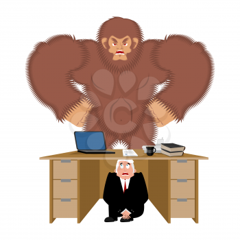Businessman scared under table of  bigfoot. To hide from to be eaten. frightened business man under work board. yeti. Boss fear office desk. Vector illustration
