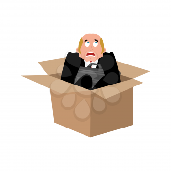 Businessman scared in box. frightened business man. Boss fear. Vector illustration
