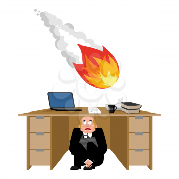 Businessman scared under table of meteorite. frightened business man under work board. comet fireball. Boss fear office desk. To hide from catastrophe. Vector illustration