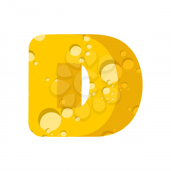 Letter D cheese font. Symbol of cheesy alphabet. Dairy Food type sign. Vector illustration
