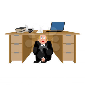 Businessman scared under table. frightened business man under work board. Boss fear office desk. Vector illustration