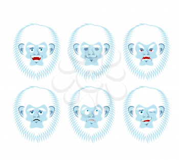 Yeti emoji set. Bigfoot sad and angry face. Abominable snowman guilty and sleeping avatar. Vector illustration