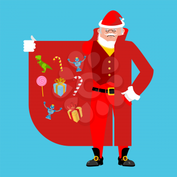 Santa Claus Smuggler selling gifts. Cloak-seller Male organs. Dealer in hat and coat . Bootlegger. Seller prohibited goods of black marke. Legitimate trade. Vector illustration
