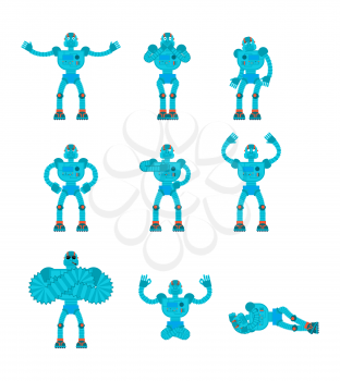 Robot set poses and motion. Robotic man happy and yoga. Cyborg sleeping and angry. guilty and sad. Vector illustration
